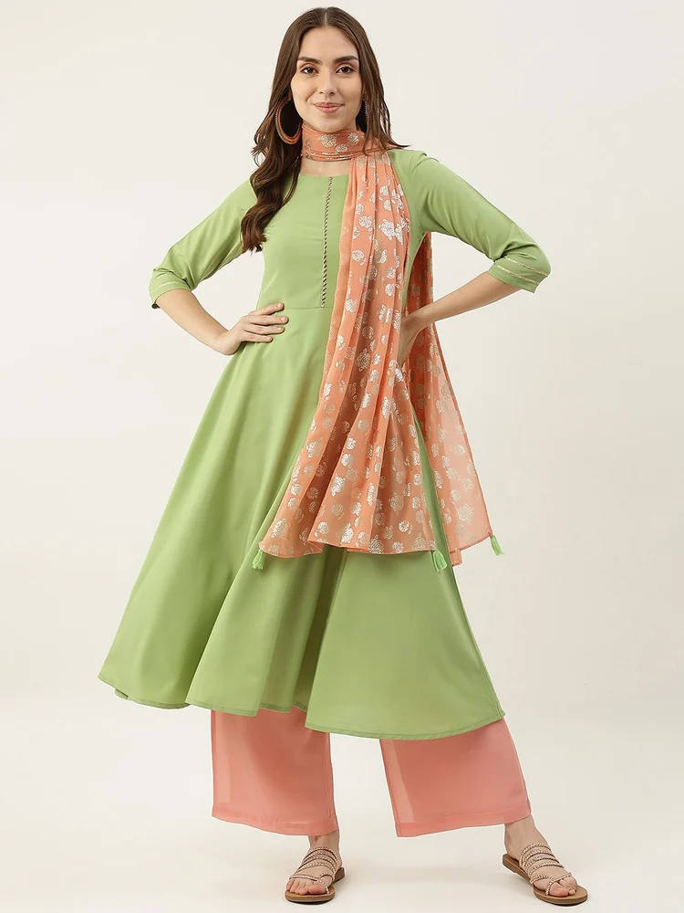 Crepe Solid Kurtis With Dupatta, Flared