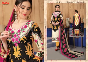 MINU PREMIUM COTTON PRINTED & NECK EMBRODARY WORK TOP WITH PRINTED BOTTOM & DUPATTA SET RUKSANA