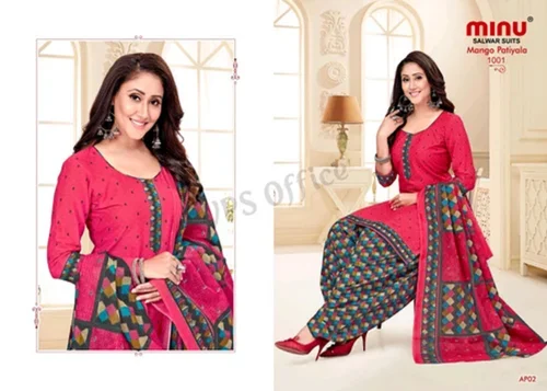 Casual Wear Multicolor MINU Cotton Printed Salwer Suit Mango Patiyala (Unstiched)