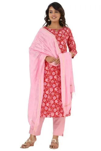 Cotton Floral Printed Kurta Pant set with Dupatta, Hand Washable Machine Washable