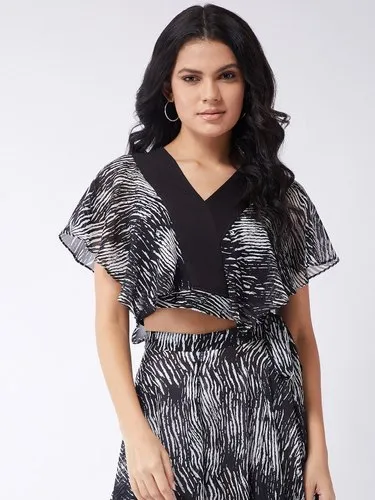 Black Ladies Abstract Ruffle Crop Top