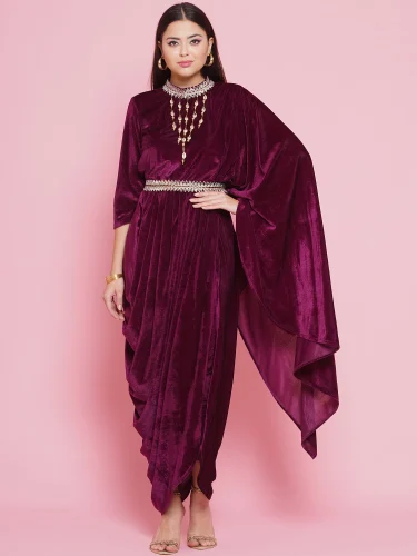 Wine Velvet Velvet Kurta With Attached Necklace, Belt And Pant-wrks093