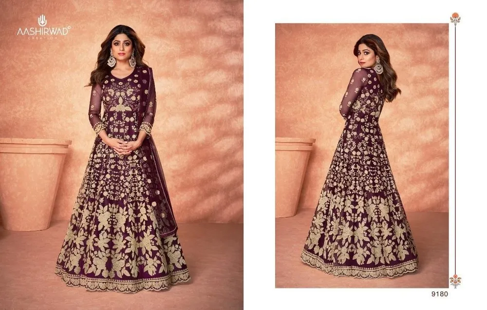 Aashirwad Morni 9180 Series Diamond Net Salwar Suits