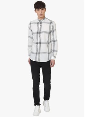 Twill Checks Check White Full Sleeve Men Casual Cotton Shirt