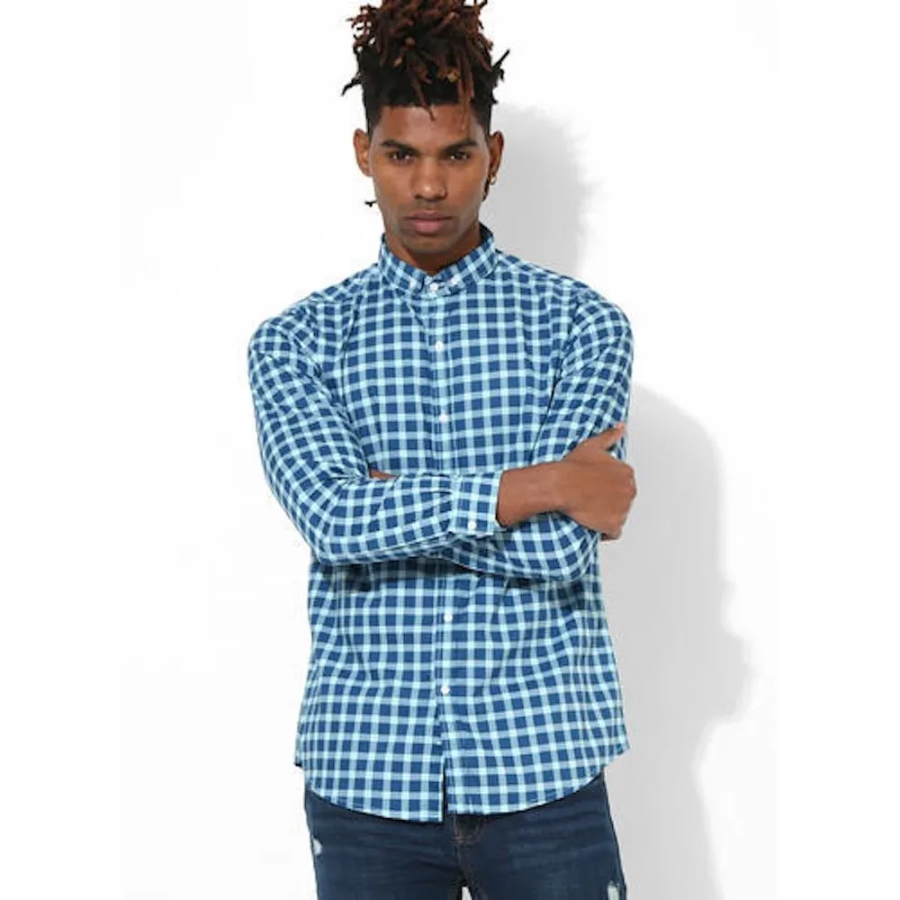 Green Hill Cotton/Linen Check Blue Full Sleeve Men Casual Cotton Shirt