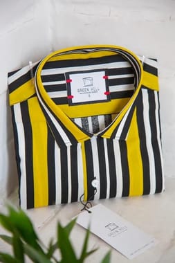 Striped Yellow Half Sleeve Men's Casual Cotton Shirt