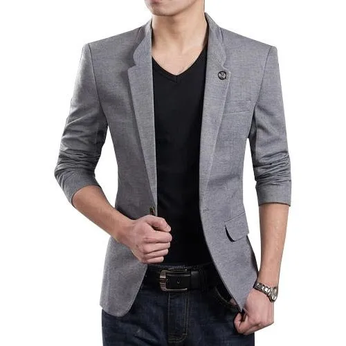 Cotton Plain Mens Gray Casual Blazer