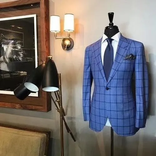 2-Piece Suit Party Mens Blue Checked Blazer