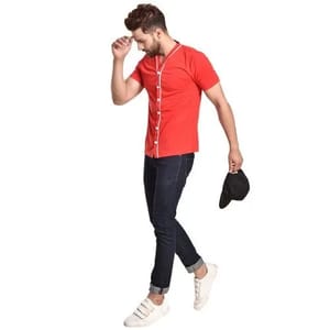 Pause Red Solid Cotton V Neck Slim Fit Short Sleeve Mens Knitted Shirt