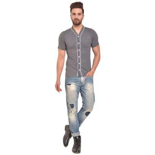 Pause Grey Solid Cotton V Neck Slim Fit Short Sleeve Mens Knitted Shirt