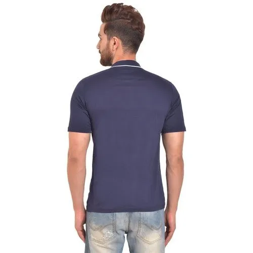 Pause Navy Solid Cotton V Neck Slim Fit Short Sleeve Men Knitted Shirt,