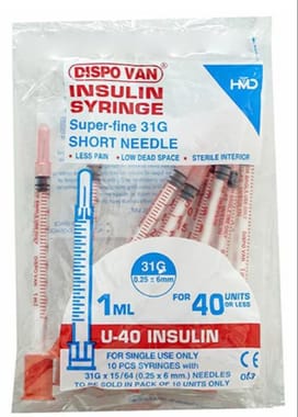 PVC Full Plastic Plunger Tip Dispovan Insulin Syringe 1ml, 10"S