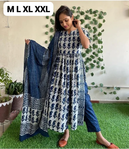 Cotton Indigo Print Straight Kurta