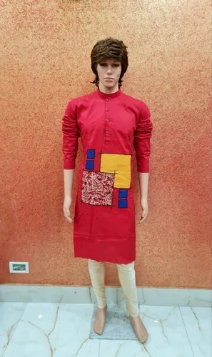 Multicolor Party Mens Khadi Cotton Kurta, Band Collar