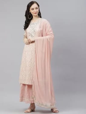 Divena Light Pink Cotton Straight Kurta Palazzo set with Dupatta, Printed