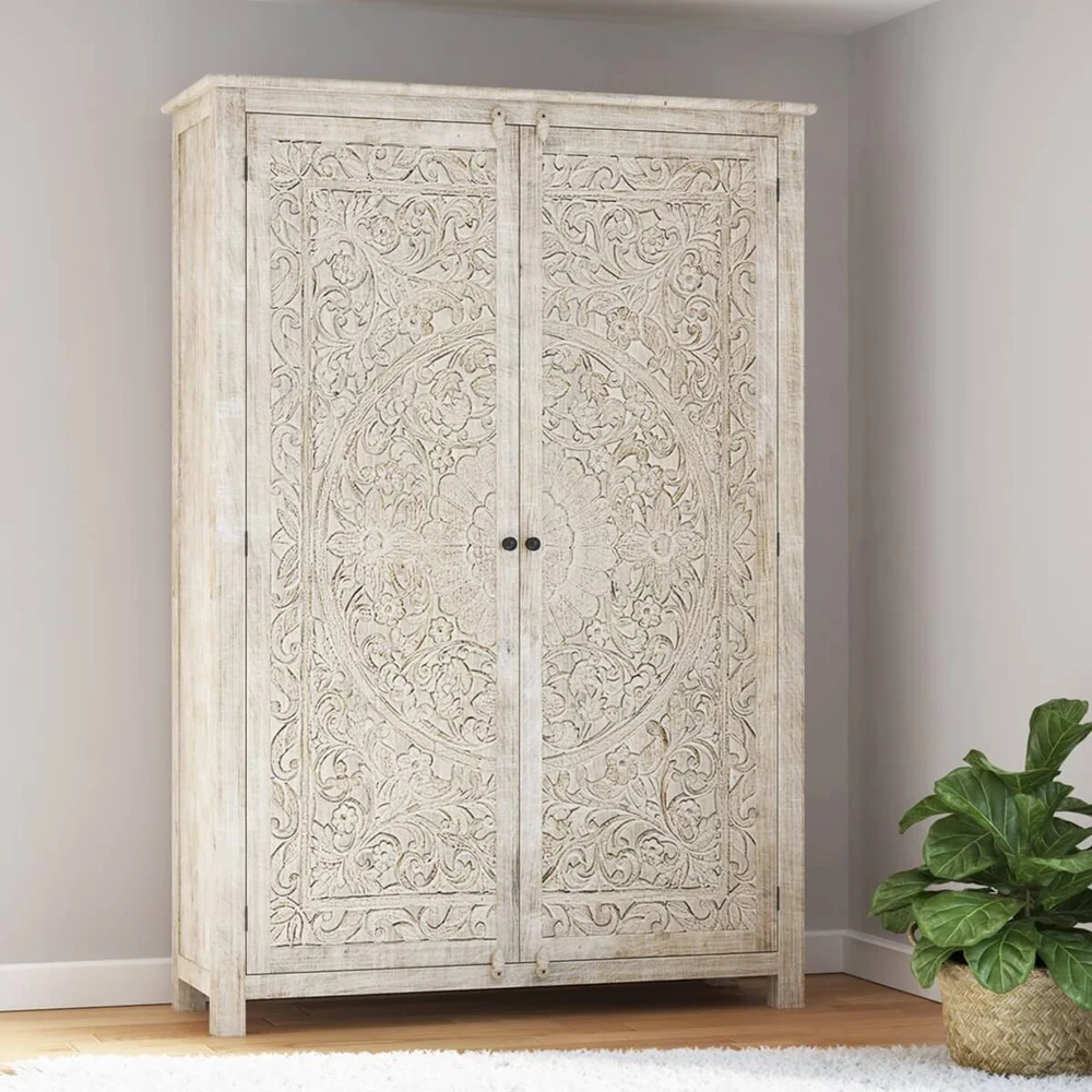 Wooden 2 Doors Hand Carved Solid Wood Wardrobe Almirah, For Home