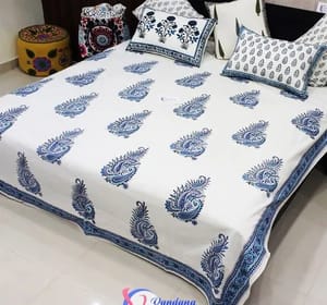 White and Blue Cotton Designer Double Bed Sheet