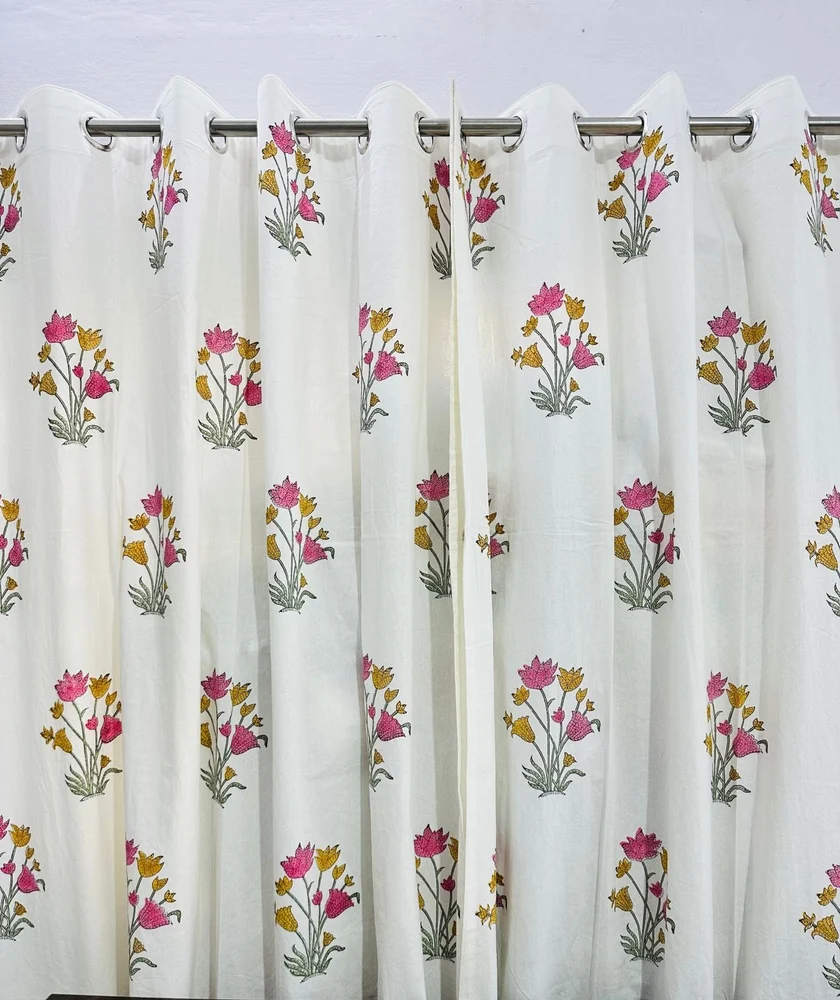 Cotton 5 Feet Handblock Printed Curtain Set, For Window