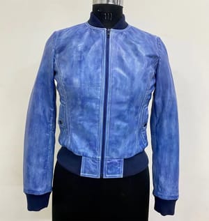 Full Sleeve Plain Blue Ladies Leather Jacket