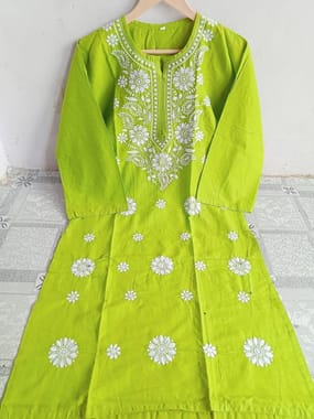 Lucknowi latest cotton kurti fabric machnine work embroiderd, Formal Wear