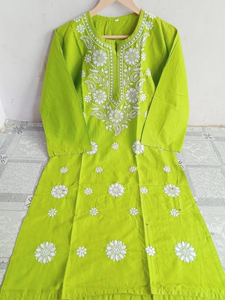 Lucknowi latest cotton kurti fabric machnine work embroiderd, Formal Wear