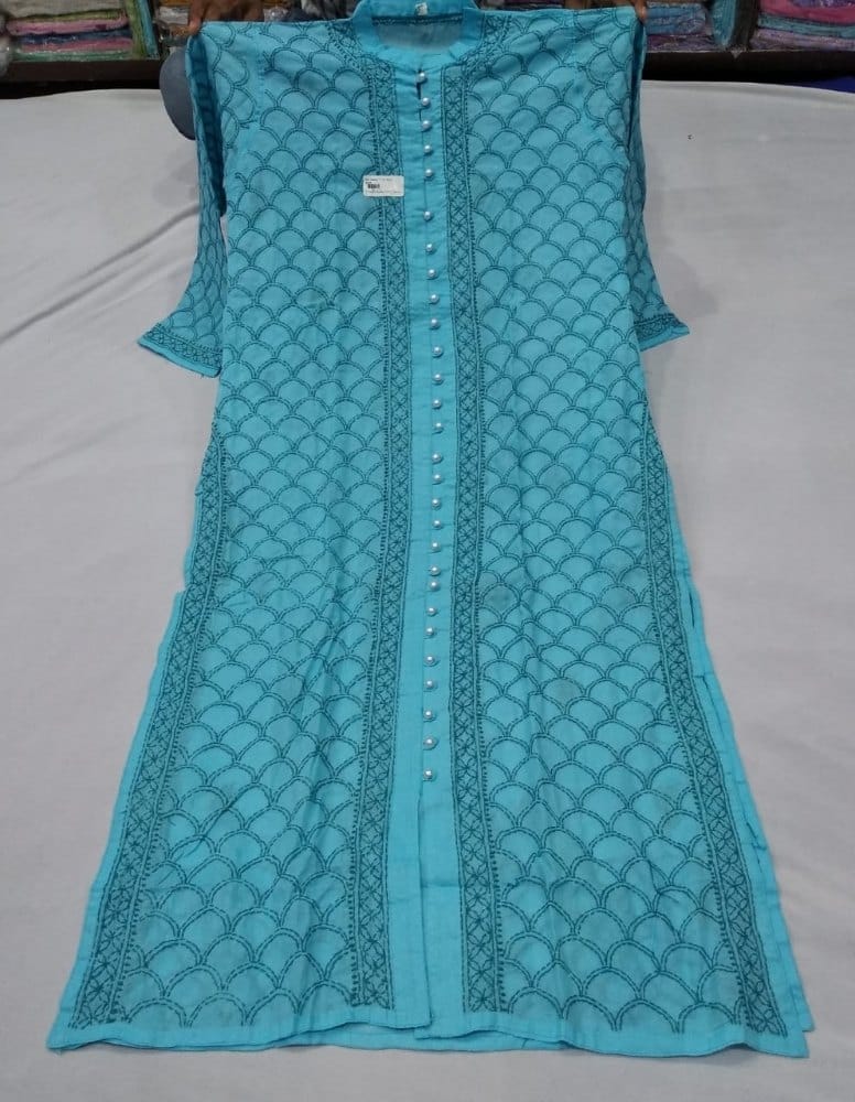 Party Wear Straight Chikan Embroidery Cotton Long Kurti, Wash Care: Machine wash