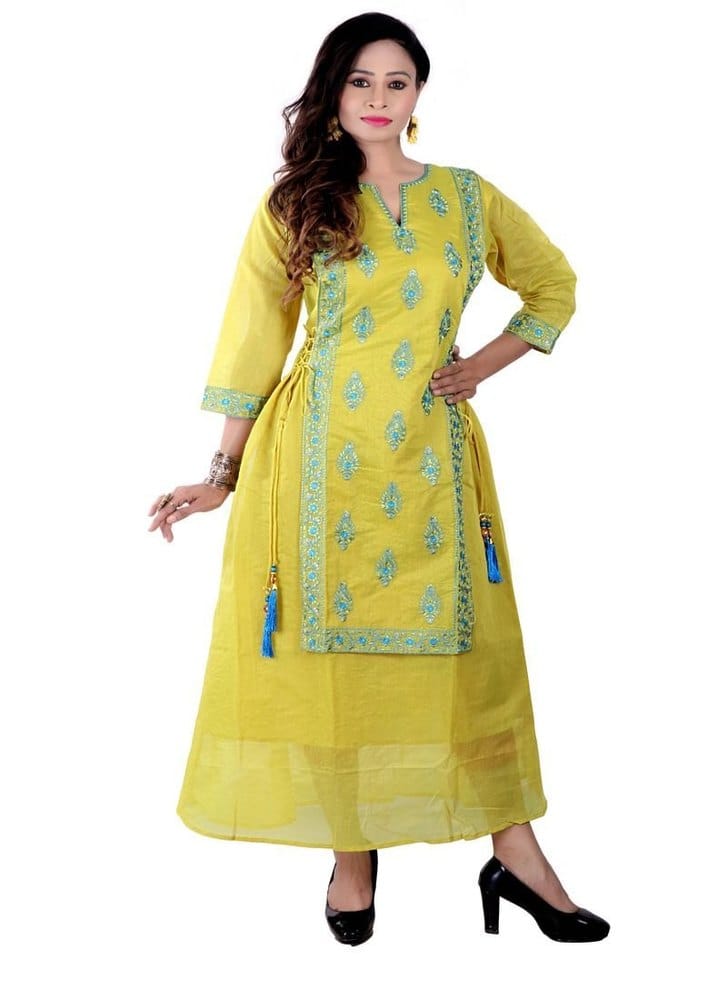 VB Sons Regular Ladies Yellow Modal Chanderi Embroidered Kurti