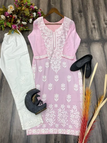 FASHIONABLE RAYON THREAD EMBROIDERY WORK KURTI WITH PALAZZO