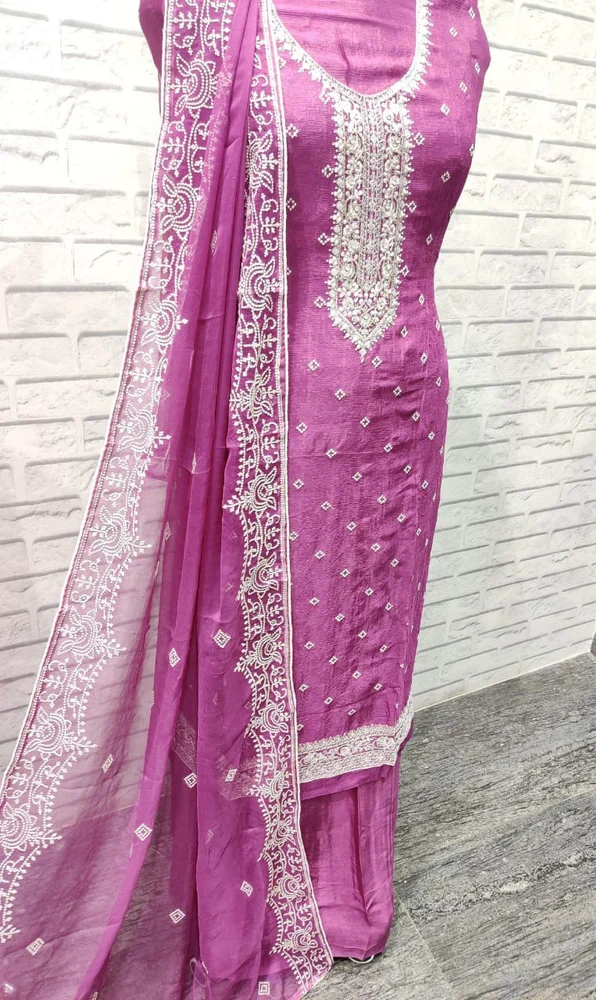 Party Wear Sarva chinnon creap pure frant and back embroidery handwork suit