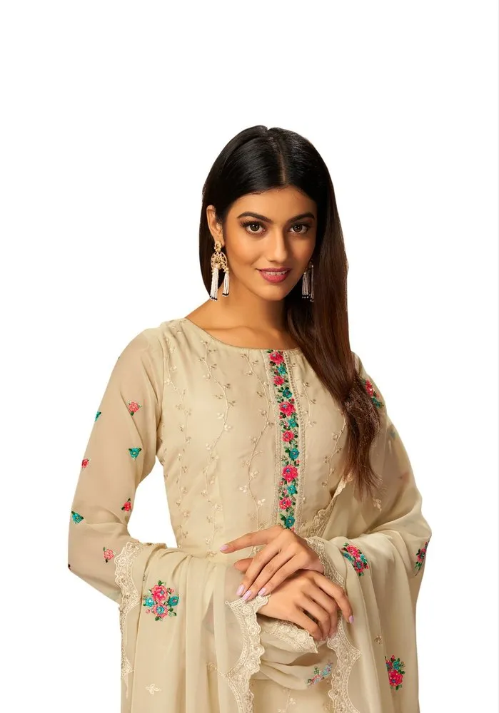 Beige Palazzo Embroidered Sequence with Hand Work Fancy Ladies Wedding Suits, Size: Free Size (Max up to 3XL)