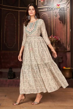 Premsetu Embroidered Work Mal Foil Print Flared With Belt Kurta With 3/4th Sleeve(PS1381A)