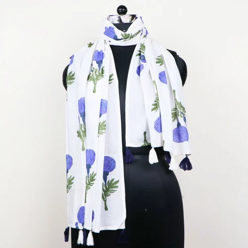 BLUE Cotton Printed Tassel Scarves/Stoles Exporter