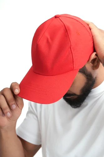 Red Polyester Cotton Blend Plain Cap