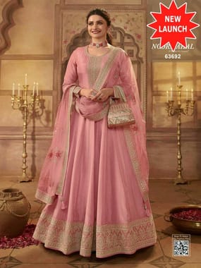 Pink VINAY NOOR MAHAL DOLA SILK TRADITIONAL WEAR LONG SUIT, Semi Stitched