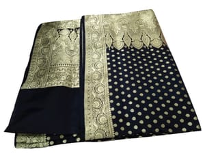 Party Wear Printed Black And Golden Katan Silk Saree, 6m