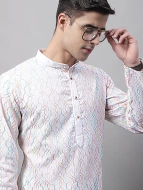 Men's White And Multi Coloured Embroidered Straight Kurta Pyjama Set