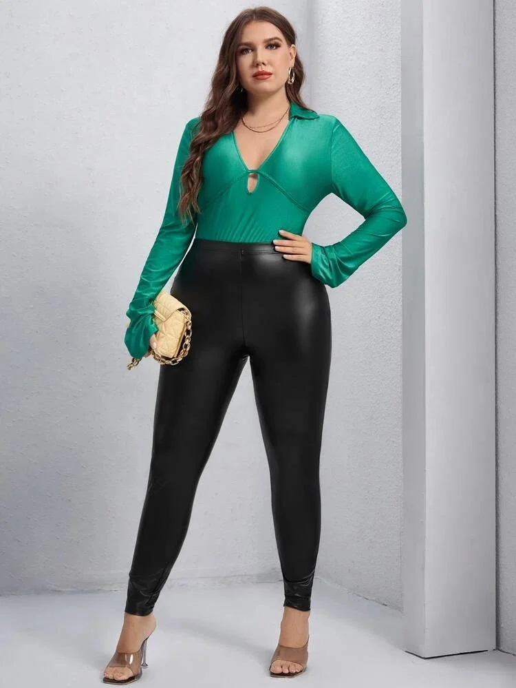 Black Mid Waist Women's leather legging, ladies faux leather trendy sports wear pant, Slim Fit