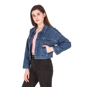 Blue Plain Ladies Cropped Denim Jacket