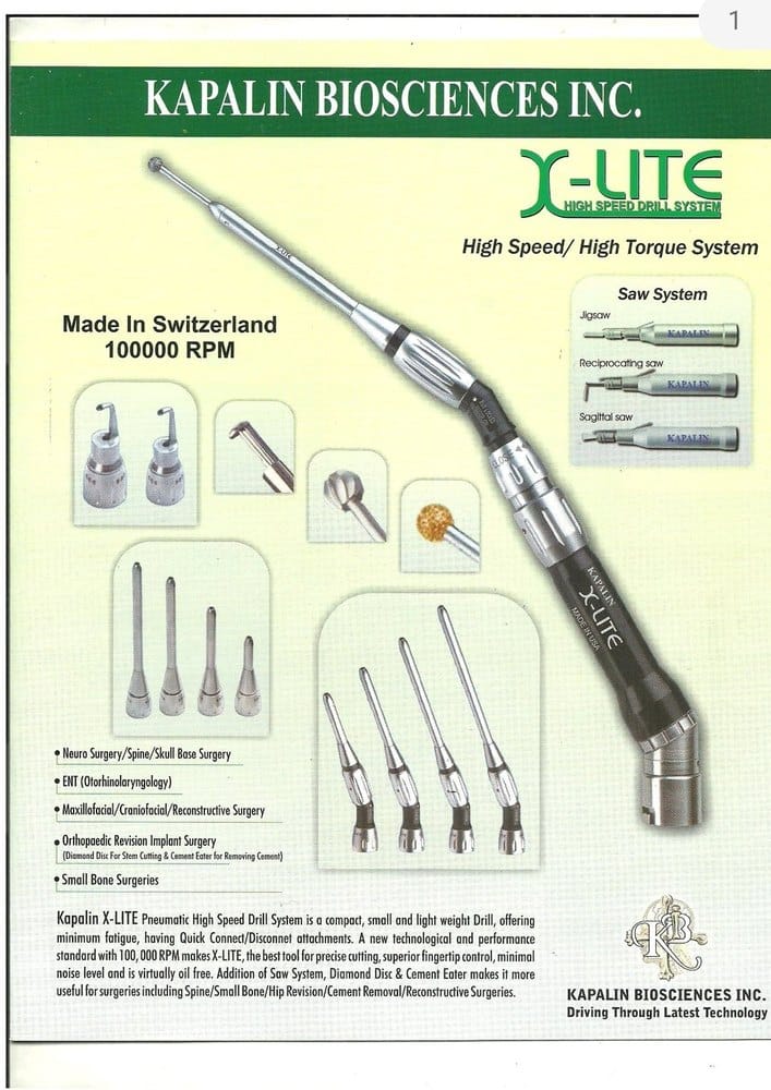 Xlite Neurosurgery High Speed Pneumatic Drill, Max Drill Depth: 10-20 mm, 100000 RPM