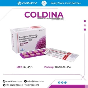 Coldina Phenylephrine Chlorpheniramine Maleate & Paracetamol Tablet, Packaging Size: 10x10, Dose: 500 mg + 10 mg + 2mg