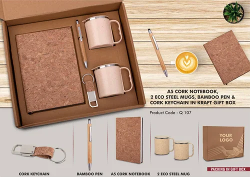 EcoSet 1: Set Of A5 Cork Notebook, 2 Eco Steel Mugs, Bamboo Pen & Cork Keychain In Kraft Gift Box