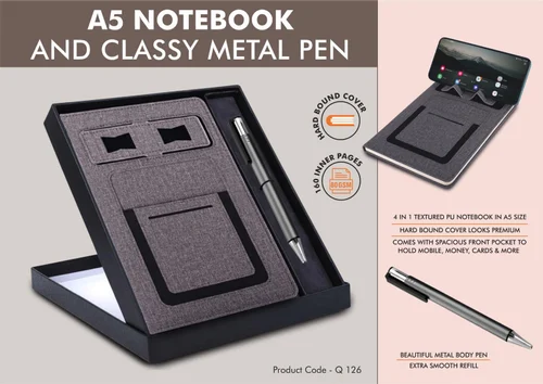 Gray Notebook Gift Set: Multifunction Notebook With Classy Metal Pen